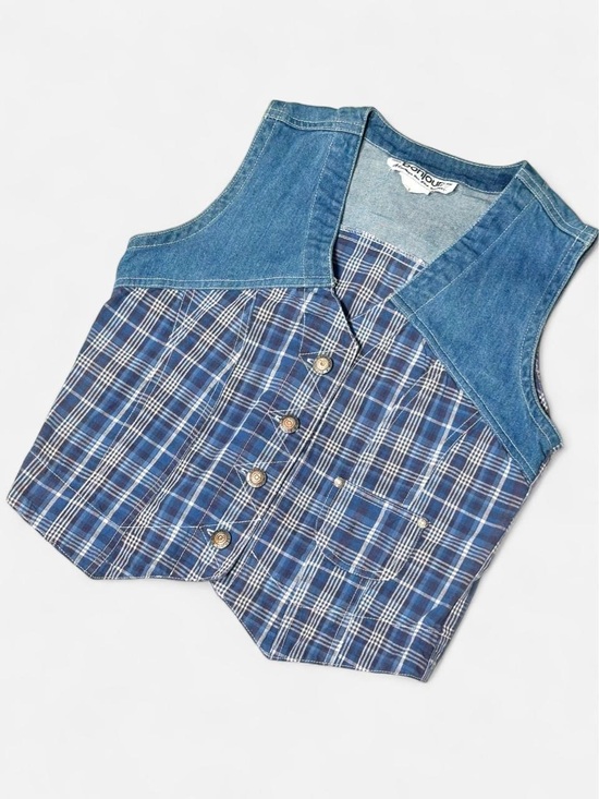 bonjour Jackets & Blazers - Vintage 90s Western Denim Vest, Blue Plaid Lining, Size Small